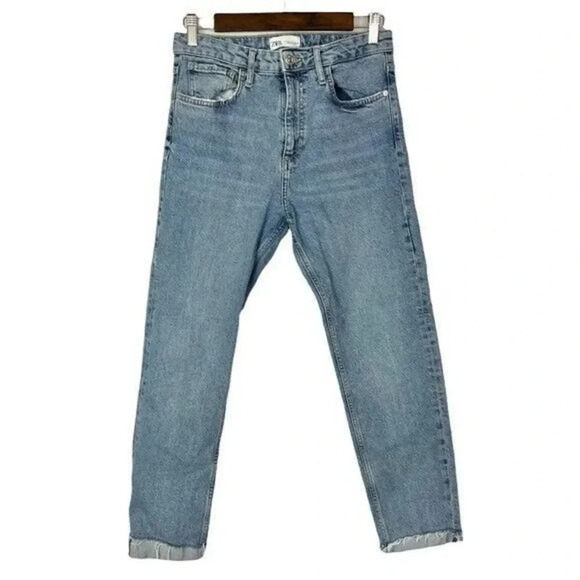Zara High Rise Raw Hem Straight Leg Jeans 6 - Picture 2 of 5